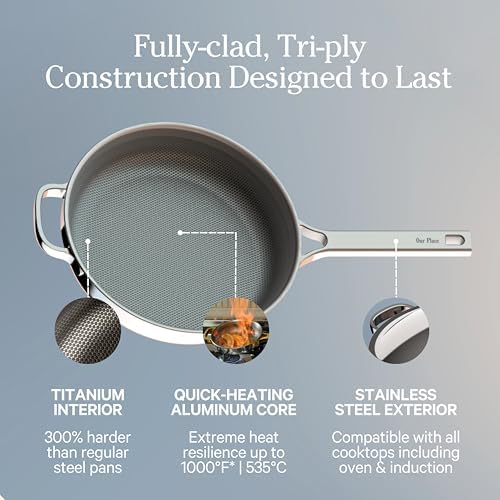 Our Place Titanium Mini Always Pan Pro   8 5   1 48 Qt  No Coating Nonstick Skillet   Tri Ply Titanium & Stainless Steel   Safe for Oven  Induction & Cooktops up to 750 F   Includes Spatula   Gold