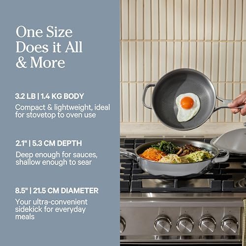 Our Place Titanium Mini Always Pan Pro   8 5   1 48 Qt  No Coating Nonstick Skillet   Tri Ply Titanium & Stainless Steel   Safe for Oven  Induction & Cooktops up to 750 F   Includes Spatula   Gold