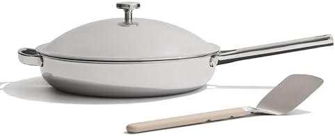 Our Place Titanium Mini Always Pan Pro   8 5   1 48 Qt  No Coating Nonstick Skillet   Tri Ply Titanium & Stainless Steel   Safe for Oven  Induction & Cooktops up to 750 F   Includes Spatula   Gold