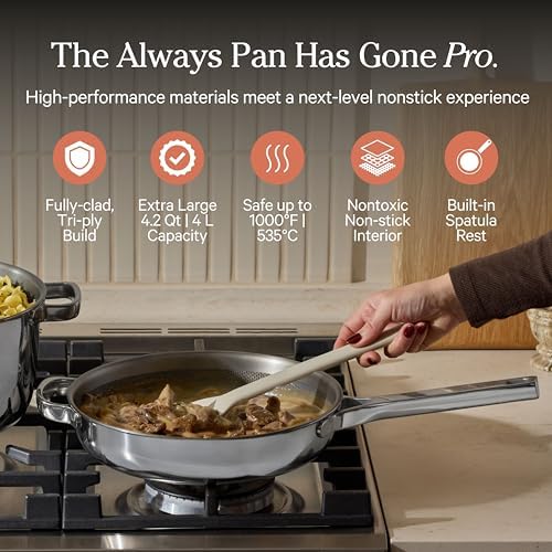 Our Place Titanium Mini Always Pan Pro   8 5   1 48 Qt  No Coating Nonstick Skillet   Tri Ply Titanium & Stainless Steel   Safe for Oven  Induction & Cooktops up to 750 F   Includes Spatula   Gold