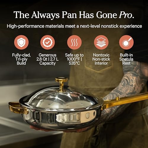 Our Place Titanium Mini Always Pan Pro   8 5   1 48 Qt  No Coating Nonstick Skillet   Tri Ply Titanium & Stainless Steel   Safe for Oven  Induction & Cooktops up to 750 F   Includes Spatula   Gold