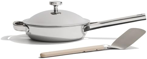Our Place Titanium Mini Always Pan Pro   8 5   1 48 Qt  No Coating Nonstick Skillet   Tri Ply Titanium & Stainless Steel   Safe for Oven  Induction & Cooktops up to 1000 F   Includes Spatula   Chrome
