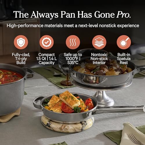 Our Place Titanium Mini Always Pan Pro   8 5   1 48 Qt  No Coating Nonstick Skillet   Tri Ply Titanium & Stainless Steel   Safe for Oven  Induction & Cooktops up to 1000 F   Includes Spatula   Chrome