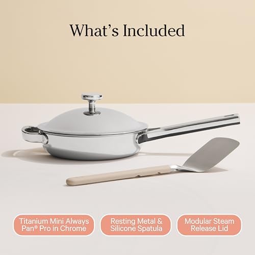 Our Place Titanium Mini Always Pan Pro   8 5   1 48 Qt  No Coating Nonstick Skillet   Tri Ply Titanium & Stainless Steel   Safe for Oven  Induction & Cooktops up to 1000 F   Includes Spatula   Chrome
