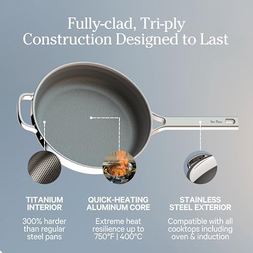 Our Place Titanium Mini Always Pan Pro   8 5   1 48 Qt  No Coating Nonstick Skillet   Tri Ply Titanium & Stainless Steel   Safe for Oven  Induction & Cooktops up to 1000 F   Includes Spatula   Chrome