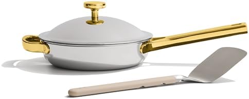 Our Place Titanium Mini Always Pan Pro   8 5   1 48 Qt  No Coating Nonstick Skillet   Tri Ply Titanium & Stainless Steel   Safe for Oven  Induction & Cooktops up to 1000 F   Includes Spatula   Chrome