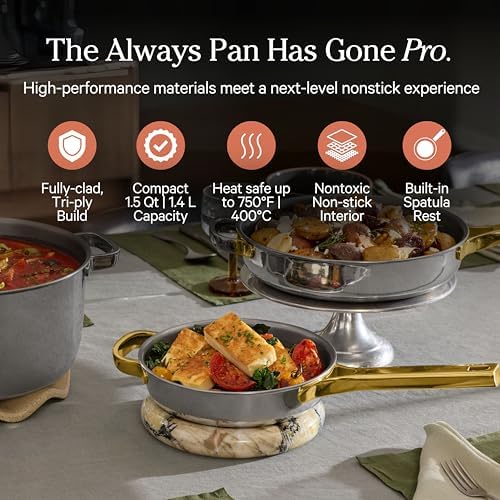 Our Place Titanium Mini Always Pan Pro   8 5   1 48 Qt  No Coating Nonstick Skillet   Tri Ply Titanium & Stainless Steel   Safe for Oven  Induction & Cooktops up to 1000 F   Includes Spatula   Chrome