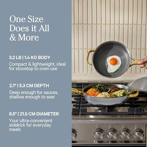 Our Place Titanium Mini Always Pan Pro   8 5   1 48 Qt  No Coating Nonstick Skillet   Tri Ply Titanium & Stainless Steel   Safe for Oven  Induction & Cooktops up to 1000 F   Includes Spatula   Chrome