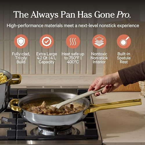 Our Place Titanium Mini Always Pan Pro   8 5   1 48 Qt  No Coating Nonstick Skillet   Tri Ply Titanium & Stainless Steel   Safe for Oven  Induction & Cooktops up to 1000 F   Includes Spatula   Chrome