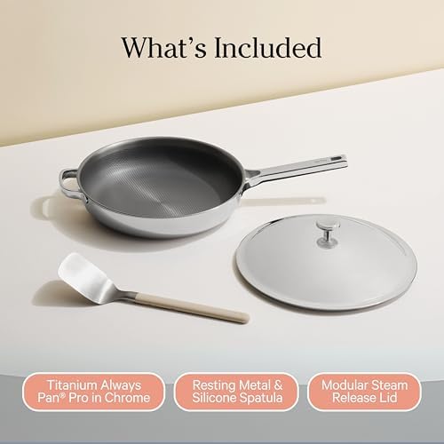 Our Place Titanium Mini Always Pan Pro   8 5   1 48 Qt  No Coating Nonstick Skillet   Tri Ply Titanium & Stainless Steel   Safe for Oven  Induction & Cooktops up to 1000 F   Includes Spatula   Chrome