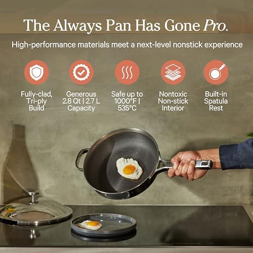 Our Place Titanium Mini Always Pan Pro   8 5   1 48 Qt  No Coating Nonstick Skillet   Tri Ply Titanium & Stainless Steel   Safe for Oven  Induction & Cooktops up to 1000 F   Includes Spatula   Chrome