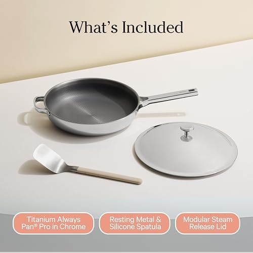 Our Place Titanium Mini Always Pan Pro   8 5   1 48 Qt  No Coating Nonstick Skillet   Tri Ply Titanium & Stainless Steel   Safe for Oven  Induction & Cooktops up to 1000 F   Includes Spatula   Chrome