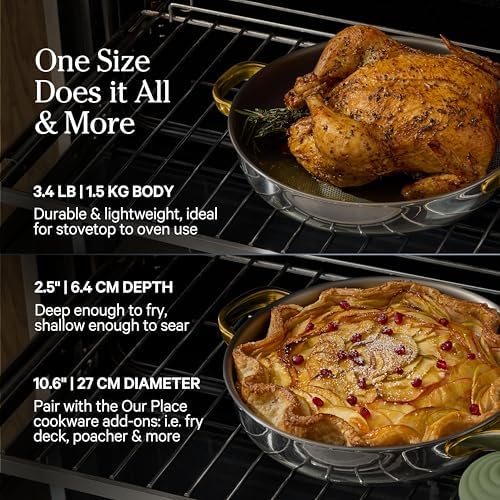 Our Place Titanium Mini Always Pan Pro   8 5   1 48 Qt  No Coating Nonstick Skillet   Tri Ply Titanium & Stainless Steel   Safe for Oven  Induction & Cooktops up to 1000 F   Includes Spatula   Chrome