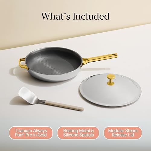 Our Place Titanium Mini Always Pan Pro   8 5   1 48 Qt  No Coating Nonstick Skillet   Tri Ply Titanium & Stainless Steel   Safe for Oven  Induction & Cooktops up to 1000 F   Includes Spatula   Chrome