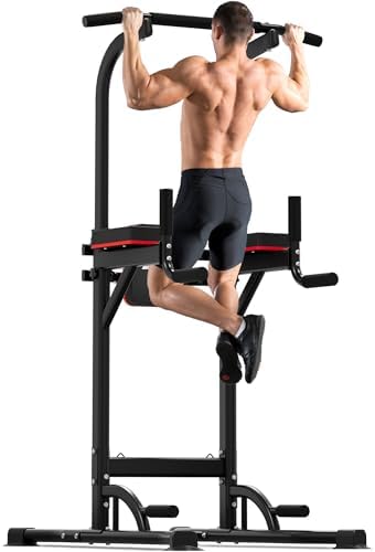 Outdoor Basic Power Tower  Pull Up Bar and Dip Station for Home Gym  1400LBS Weight Capacity  Adjustable Height  Heavy Duty Steel Frame for Calisthenics  Strength Training Fitness Equipment