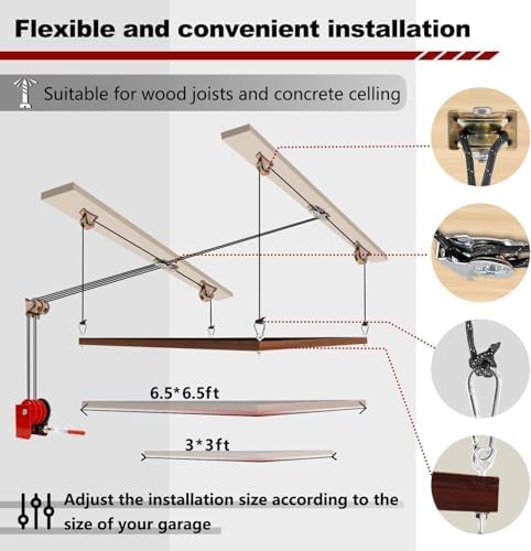Overhead Garage Storage Lift Hoist  Heavy Duty Ceiling Mounted Garage Storage Lift System for Organization  Easy to Install  Heavy Duty Ceiling Mounted Garage Storage Lift