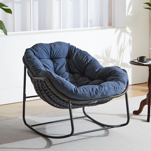 Oversized Outdoor Papasan Rocking Chair with Soft Cushion  Comfy Patio Egg Chair  Wicker Lounge Rocker for Balcony/Porch/Garden  Reinforced All Weather Rattan Frame  330 lbs Support  Navy Blue