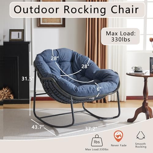 Oversized Outdoor Papasan Rocking Chair with Soft Cushion  Comfy Patio Egg Chair  Wicker Lounge Rocker for Balcony/Porch/Garden  Reinforced All Weather Rattan Frame  330 lbs Support  Navy Blue