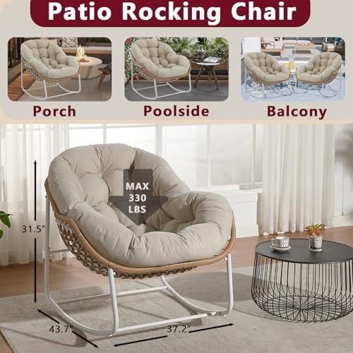 Oversized Outdoor Papasan Rocking Chair with Soft Cushion  Comfy Patio Egg Chair  Wicker Lounge Rocker for Balcony/Porch/Garden  Reinforced All Weather Rattan Frame  330 lbs Support  Navy Blue