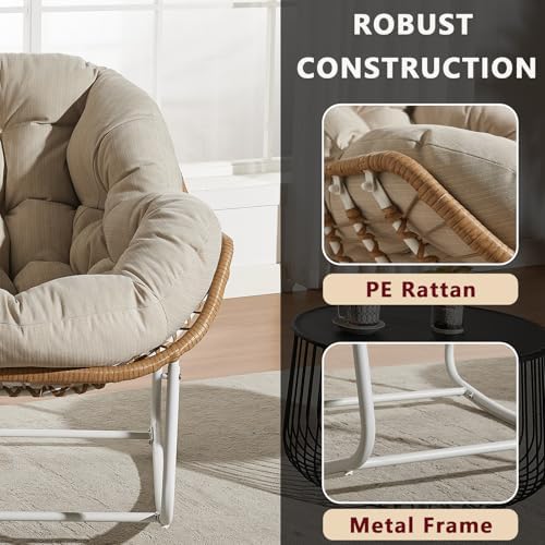 Oversized Outdoor Papasan Rocking Chair with Soft Cushion  Comfy Patio Egg Chair  Wicker Lounge Rocker for Balcony/Porch/Garden  Reinforced All Weather Rattan Frame  330 lbs Support  Navy Blue