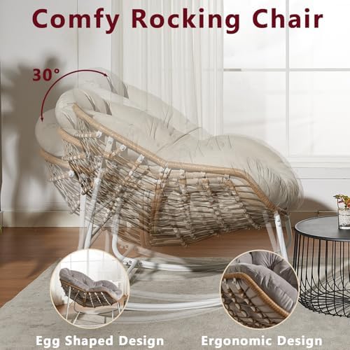 Oversized Outdoor Papasan Rocking Chair with Soft Cushion  Comfy Patio Egg Chair  Wicker Lounge Rocker for Balcony/Porch/Garden  Reinforced All Weather Rattan Frame  330 lbs Support  Navy Blue