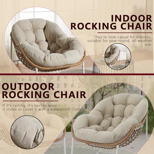 Oversized Outdoor Papasan Rocking Chair with Soft Cushion  Comfy Patio Egg Chair  Wicker Lounge Rocker for Balcony/Porch/Garden  Reinforced All Weather Rattan Frame  330 lbs Support  Navy Blue