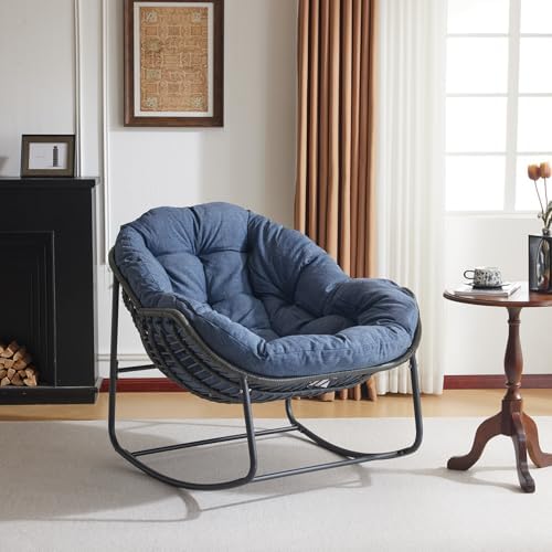 Oversized Outdoor Papasan Rocking Chair with Soft Cushion  Comfy Patio Egg Chair  Wicker Lounge Rocker for Balcony/Porch/Garden  Reinforced All Weather Rattan Frame  330 lbs Support  Navy Blue