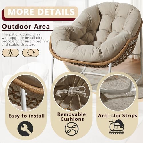 Oversized Outdoor Papasan Rocking Chair with Soft Cushion  Comfy Patio Egg Chair  Wicker Lounge Rocker for Balcony/Porch/Garden  Reinforced All Weather Rattan Frame  330 lbs Support  Navy Blue