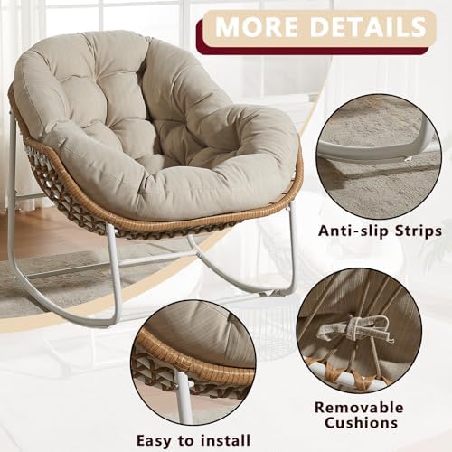 Oversized Outdoor Papasan Rocking Chair with Soft Cushion  Comfy Patio Egg Chair  Wicker Lounge Rocker for Balcony/Porch/Garden  Reinforced All Weather Rattan Frame  330 lbs Support  Navy Blue