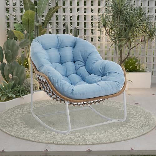 Oversized Outdoor Papasan Rocking Chair with Soft Cushion  Comfy Patio Egg Chair  Wicker Lounge Rocker for Balcony/Porch/Garden  Reinforced All Weather Rattan Frame  330 lbs Support  Navy Blue