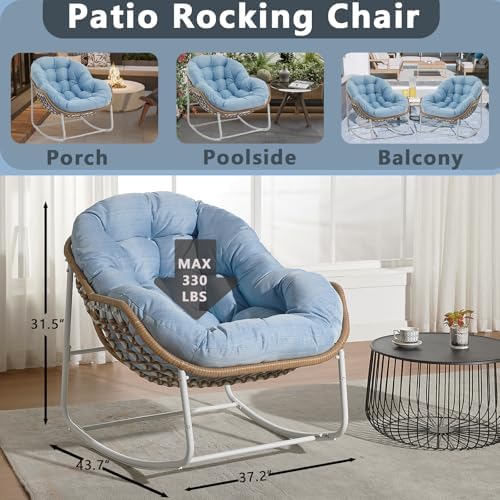Oversized Outdoor Papasan Rocking Chair with Soft Cushion  Comfy Patio Egg Chair  Wicker Lounge Rocker for Balcony/Porch/Garden  Reinforced All Weather Rattan Frame  330 lbs Support  Navy Blue