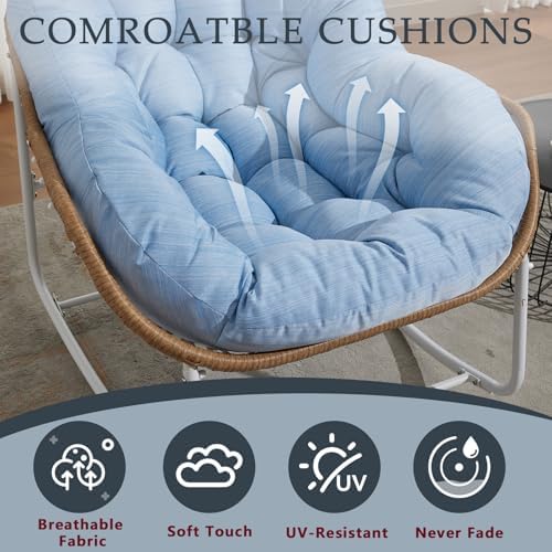Oversized Outdoor Papasan Rocking Chair with Soft Cushion  Comfy Patio Egg Chair  Wicker Lounge Rocker for Balcony/Porch/Garden  Reinforced All Weather Rattan Frame  330 lbs Support  Navy Blue