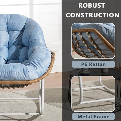 Oversized Outdoor Papasan Rocking Chair with Soft Cushion  Comfy Patio Egg Chair  Wicker Lounge Rocker for Balcony/Porch/Garden  Reinforced All Weather Rattan Frame  330 lbs Support  Navy Blue