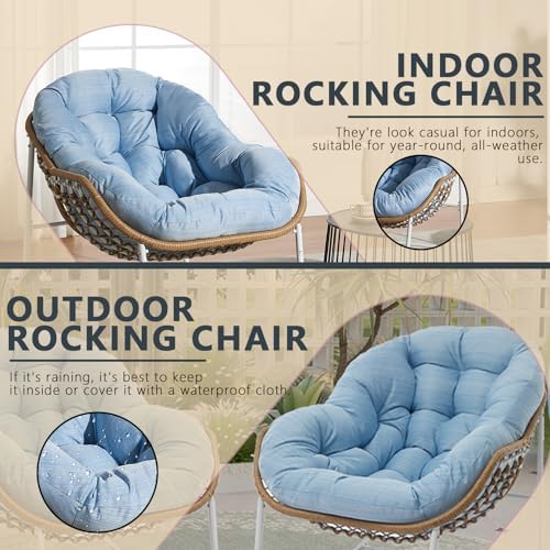 Oversized Outdoor Papasan Rocking Chair with Soft Cushion  Comfy Patio Egg Chair  Wicker Lounge Rocker for Balcony/Porch/Garden  Reinforced All Weather Rattan Frame  330 lbs Support  Navy Blue