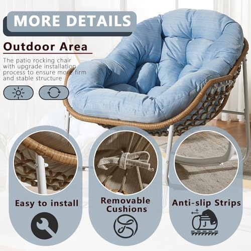 Oversized Outdoor Papasan Rocking Chair with Soft Cushion  Comfy Patio Egg Chair  Wicker Lounge Rocker for Balcony/Porch/Garden  Reinforced All Weather Rattan Frame  330 lbs Support  Navy Blue