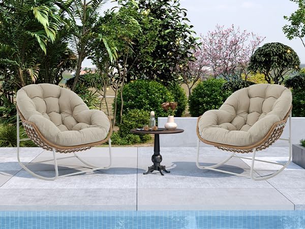 Oversized Outdoor Papasan Rocking Chair with Soft Cushion  Comfy Patio Egg Chair  Wicker Lounge Rocker for Balcony/Porch/Garden  Reinforced All Weather Rattan Frame  330 lbs Support  Navy Blue