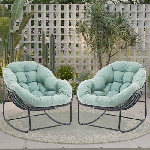 Oversized Outdoor Papasan Rocking Chair with Soft Cushion  Comfy Patio Egg Chair  Wicker Lounge Rocker for Balcony/Porch/Garden  Reinforced All Weather Rattan Frame  330 lbs Support  Navy Blue