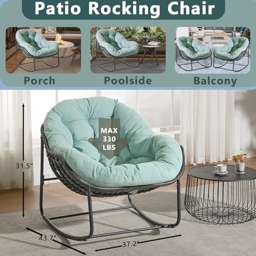 Oversized Outdoor Papasan Rocking Chair with Soft Cushion  Comfy Patio Egg Chair  Wicker Lounge Rocker for Balcony/Porch/Garden  Reinforced All Weather Rattan Frame  330 lbs Support  Navy Blue