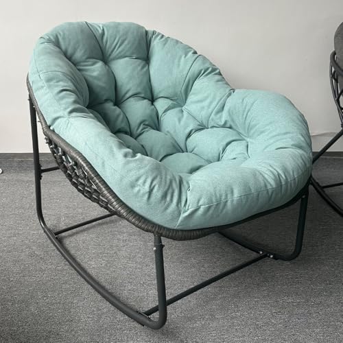 Oversized Outdoor Papasan Rocking Chair with Soft Cushion  Comfy Patio Egg Chair  Wicker Lounge Rocker for Balcony/Porch/Garden  Reinforced All Weather Rattan Frame  330 lbs Support  Navy Blue