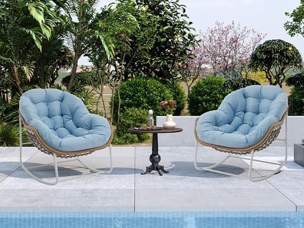 Oversized Outdoor Papasan Rocking Chair with Soft Cushion  Comfy Patio Egg Chair  Wicker Lounge Rocker for Balcony/Porch/Garden  Reinforced All Weather Rattan Frame  330 lbs Support  Navy Blue