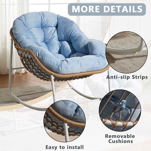 Oversized Outdoor Papasan Rocking Chair with Soft Cushion  Comfy Patio Egg Chair  Wicker Lounge Rocker for Balcony/Porch/Garden  Reinforced All Weather Rattan Frame  330 lbs Support  Navy Blue