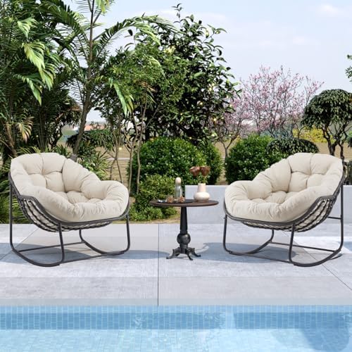 Oversized Outdoor Papasan Rocking Chair with Soft Cushion  Comfy Patio Egg Chair  Wicker Lounge Rocker for Balcony/Porch/Garden  Reinforced All Weather Rattan Frame  330 lbs Support  Navy Blue