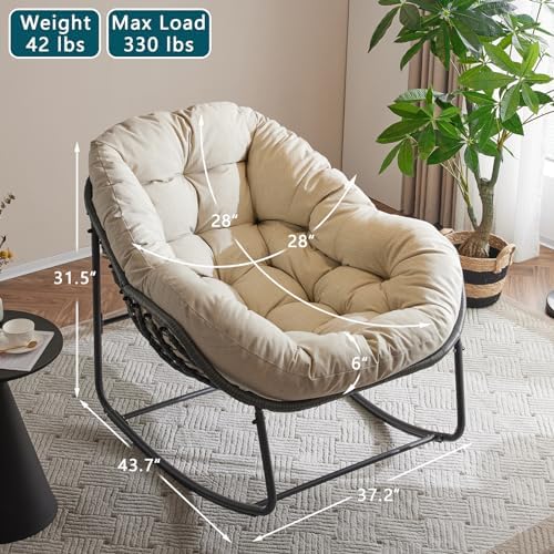 Oversized Outdoor Papasan Rocking Chair with Soft Cushion  Comfy Patio Egg Chair  Wicker Lounge Rocker for Balcony/Porch/Garden  Reinforced All Weather Rattan Frame  330 lbs Support  Navy Blue