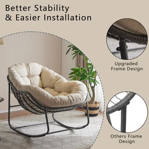 Oversized Outdoor Papasan Rocking Chair with Soft Cushion  Comfy Patio Egg Chair  Wicker Lounge Rocker for Balcony/Porch/Garden  Reinforced All Weather Rattan Frame  330 lbs Support  Navy Blue