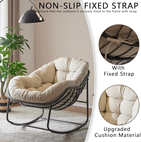 Oversized Outdoor Papasan Rocking Chair with Soft Cushion  Comfy Patio Egg Chair  Wicker Lounge Rocker for Balcony/Porch/Garden  Reinforced All Weather Rattan Frame  330 lbs Support  Navy Blue