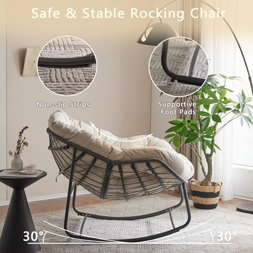 Oversized Outdoor Papasan Rocking Chair with Soft Cushion  Comfy Patio Egg Chair  Wicker Lounge Rocker for Balcony/Porch/Garden  Reinforced All Weather Rattan Frame  330 lbs Support  Navy Blue
