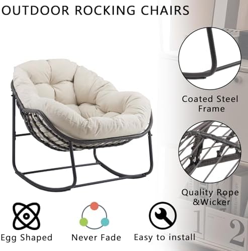 Oversized Outdoor Papasan Rocking Chair with Soft Cushion  Comfy Patio Egg Chair  Wicker Lounge Rocker for Balcony/Porch/Garden  Reinforced All Weather Rattan Frame  330 lbs Support  Navy Blue