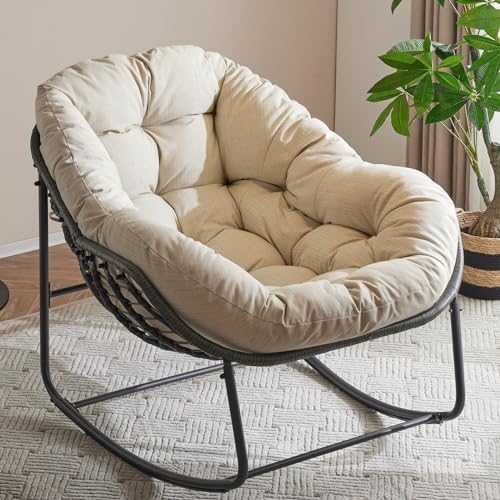 Oversized Outdoor Papasan Rocking Chair with Soft Cushion  Comfy Patio Egg Chair  Wicker Lounge Rocker for Balcony/Porch/Garden  Reinforced All Weather Rattan Frame  330 lbs Support  Navy Blue