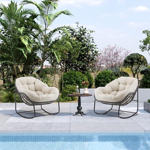 Oversized Outdoor Papasan Rocking Chair with Soft Cushion  Comfy Patio Egg Chair  Wicker Lounge Rocker for Balcony/Porch/Garden  Reinforced All Weather Rattan Frame  330 lbs Support  Navy Blue