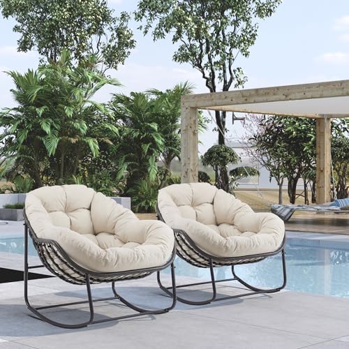 Oversized Outdoor Papasan Rocking Chair with Soft Cushion  Comfy Patio Egg Chair  Wicker Lounge Rocker for Balcony/Porch/Garden  Reinforced All Weather Rattan Frame  330 lbs Support  Navy Blue